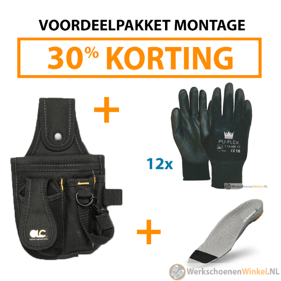 Afbeelding van Voordeelpakket montage: 12x paar montagehandschoenen + 1x gereedschapshouder + 1x paar inlegzolen