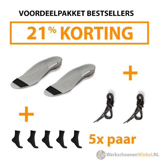 Afbeelding van Voordeelpakket best verkocht: 1x anatomisch gevormde inlegzolen + 1x extra sterke schoenveters + 5x paar werksokken 