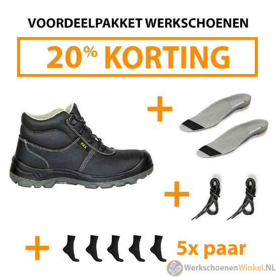 Afbeelding van Voordeelpakket werkschoen: S3 werkschoen hoog model goedkoop + 5x paar werksokken + 1x anatomisch gevormde inlegzolen + 1x extra sterke schoenveters