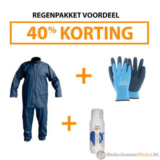 Afbeelding van Voordeelpakket regenset: 1x stretch regenpak + 1x paar waterdichte werkhandschoenen + 1x waterdichte kledingreiniger