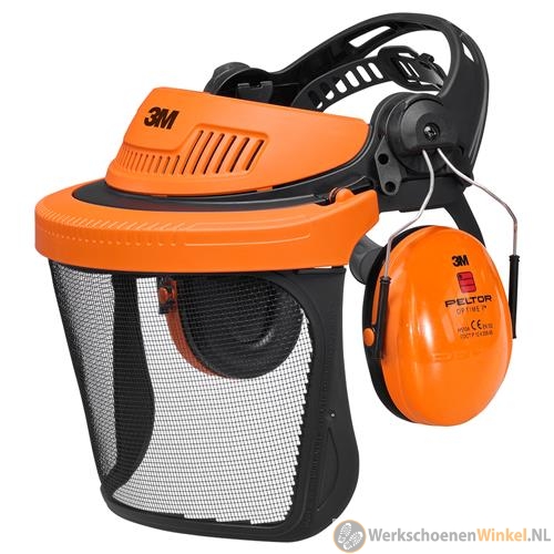 3M Peltor G500 Bosbouwcombinatie met Optime I gehoorkap en 5C-1 vizier roestvrij staal, oranje